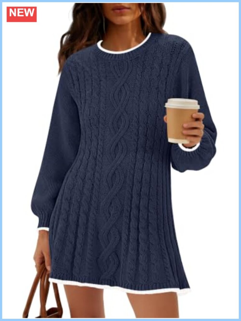 Cable Knit Sweater Dress Long Sleeve Crew Neck Women's Pullover